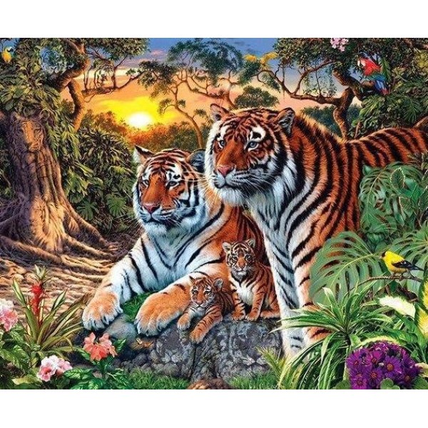 Animals Birds Stunning Tiger Family Diamond Painting Kit Parrots