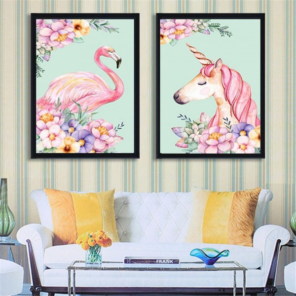 Animals Birds Flowers Pink Unicorn & Flamingo Diamond Painting Square