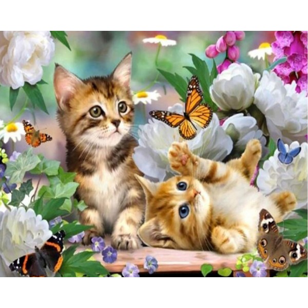 Animal Two Kittens Chasing Butterflies Diamond Art