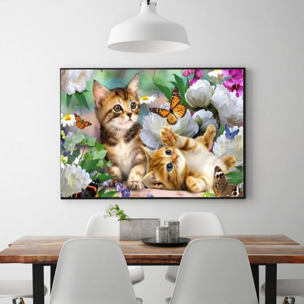 Animal Two Kittens Chasing Butterflies Diamond Art