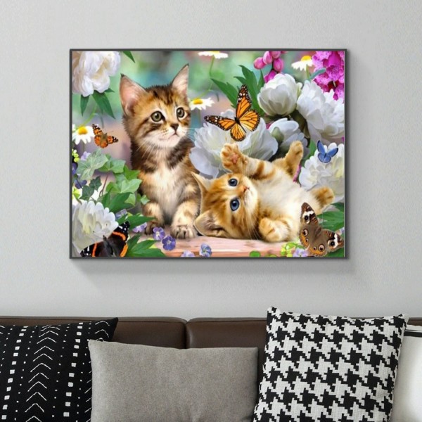 Animal Two Kittens Chasing Butterflies Diamond Art