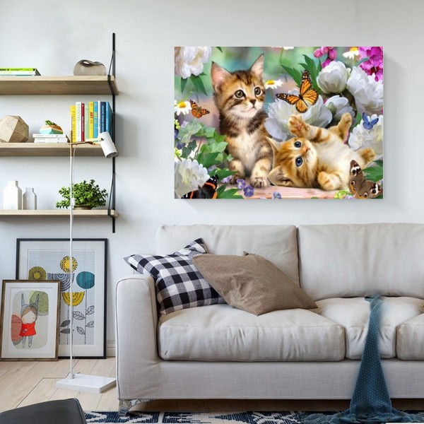 Animal Two Kittens Chasing Butterflies Diamond Art