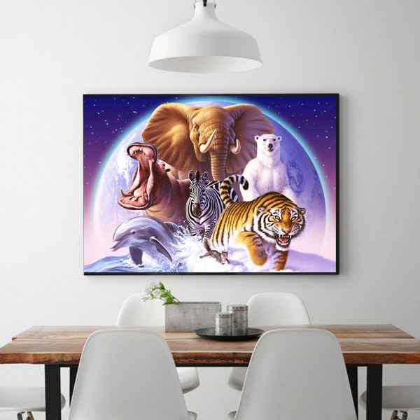 Animal Seven Animals Gather In The Moonlight Diamond Art