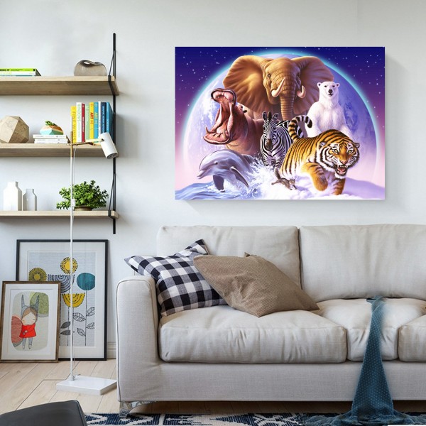 Animal Seven Animals Gather In The Moonlight Diamond Art