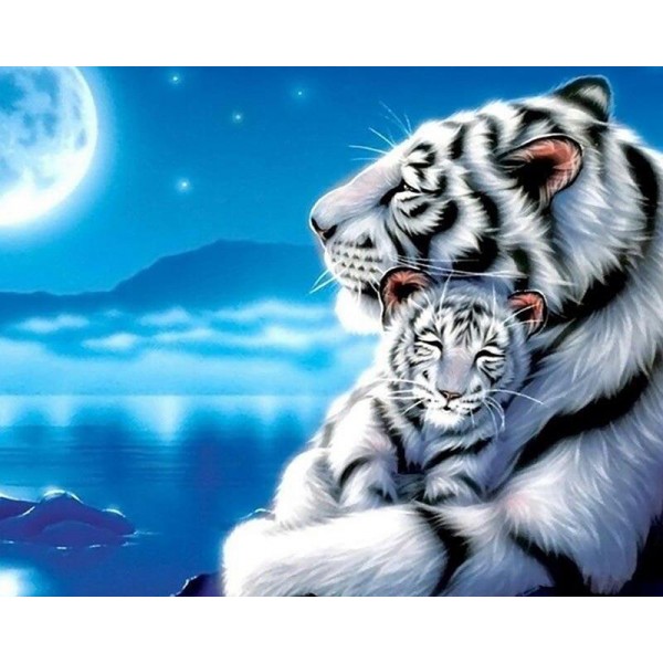 Best  Animal Diamond Painting Kits White Tiger Hugging The Cub