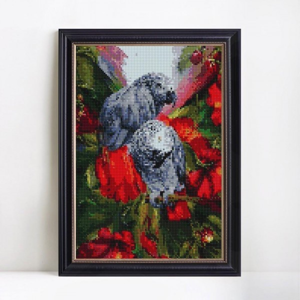 Beautiful Birds Grey Parrots In Covered In Flowers Square Diamonds