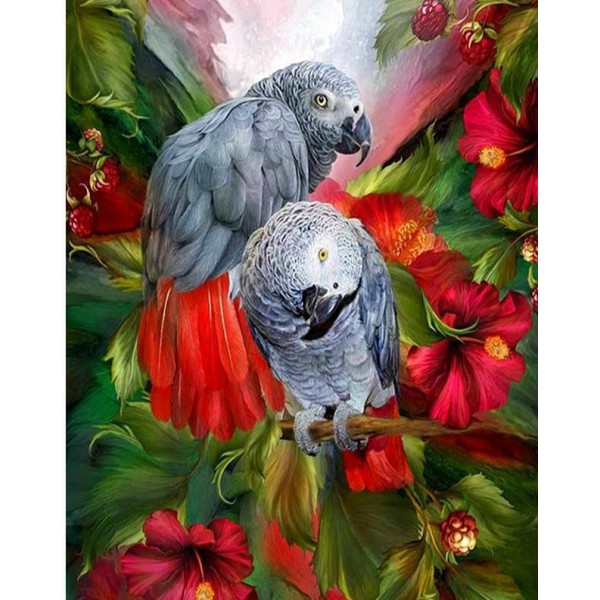 Beautiful Birds Grey Parrots In Covered In Flowers Square Diamonds