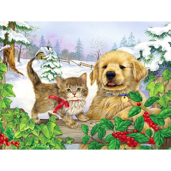 Animal Kitten And Puppy In The Snow Diamond Art
