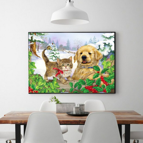 Animal Kitten And Puppy In The Snow Diamond Art