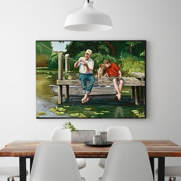 Scenes Grandchildren And Dog Fishing Diamond Art