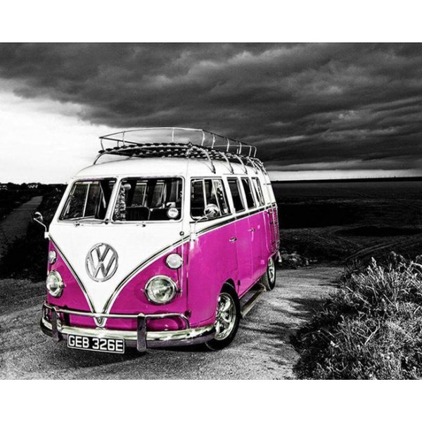 Scenes A Pink Bus Under A Gray Sky Diamond Art