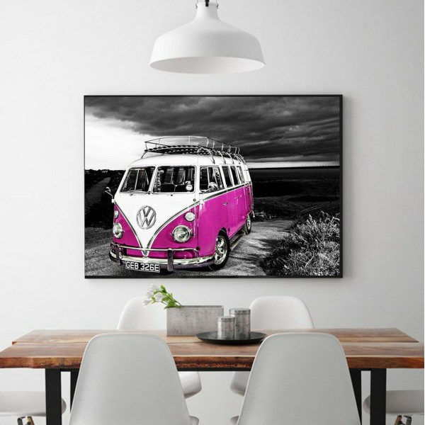 Scenes A Pink Bus Under A Gray Sky Diamond Art