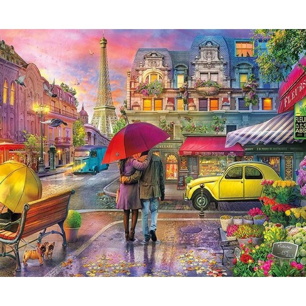 Flowers Love Couple On Paris Streets – Diamond Art Kit