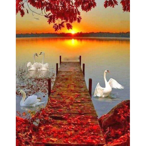 Birds Swans & Sunset View Diamond Painting Kit Landscape