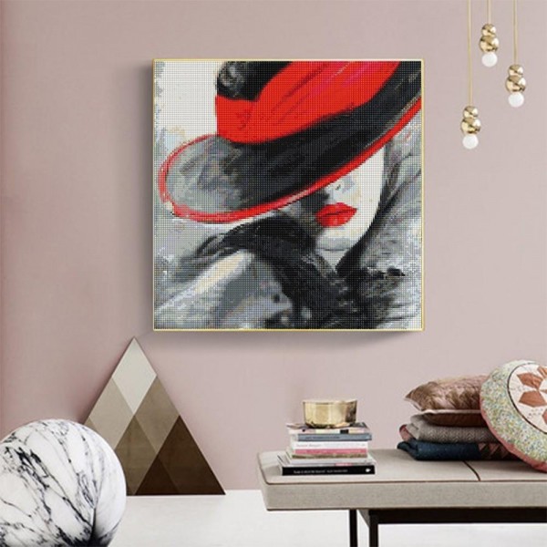 Best Square Woman With Red Hat Diamond Painting Girl Love