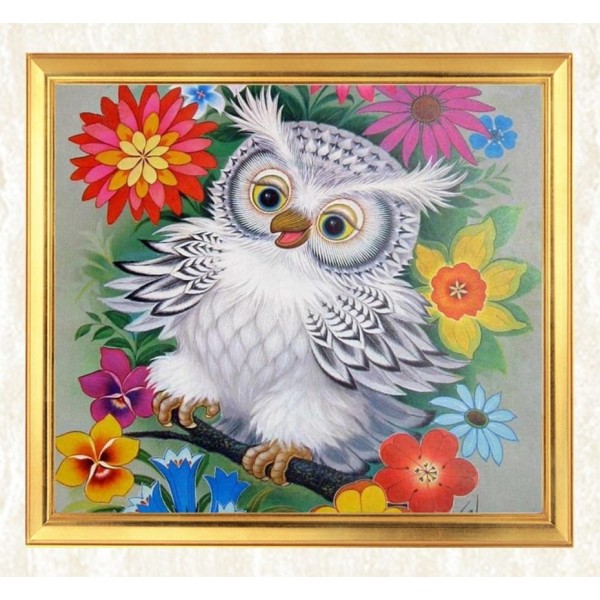 Birds Owl Sitting In Flowers Butterfly