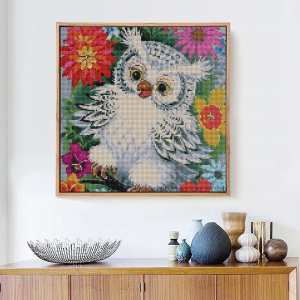 Birds White Owl In Colorful Flowers Square Diamonds