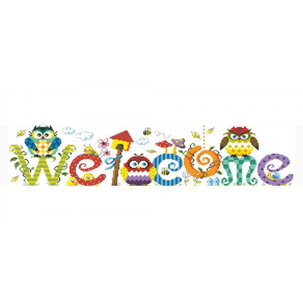 Birds Misc Colorful Welcome Sign With Cute Owls Painting With Diamonds Square