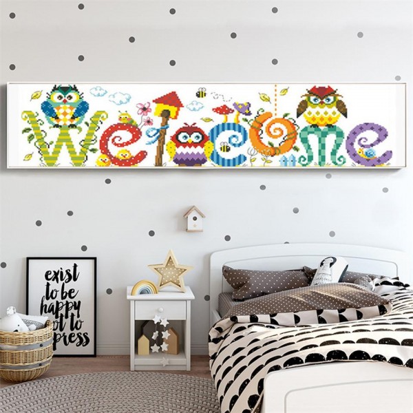 Birds Misc Colorful Welcome Sign With Cute Owls Painting With Diamonds Square