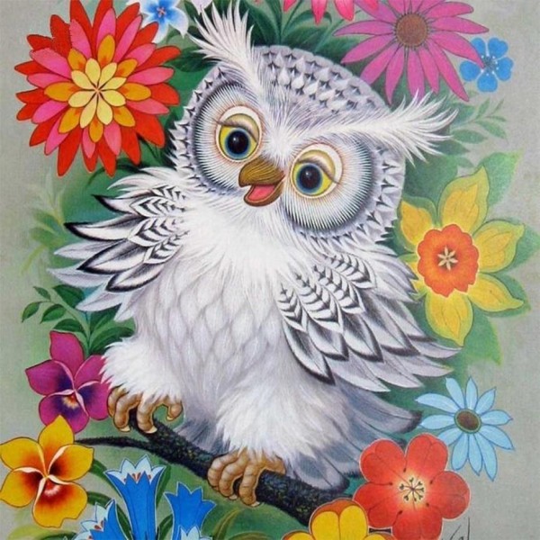 Animal Diamond Painting Happy Owl Sitting In Flowers