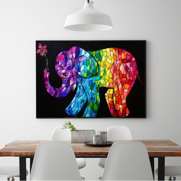 Animal Colorful Elephants And Small Flowers Diamond Art