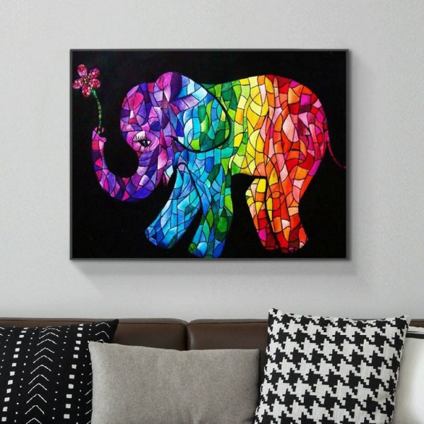 Animal Colorful Elephants And Small Flowers Diamond Art