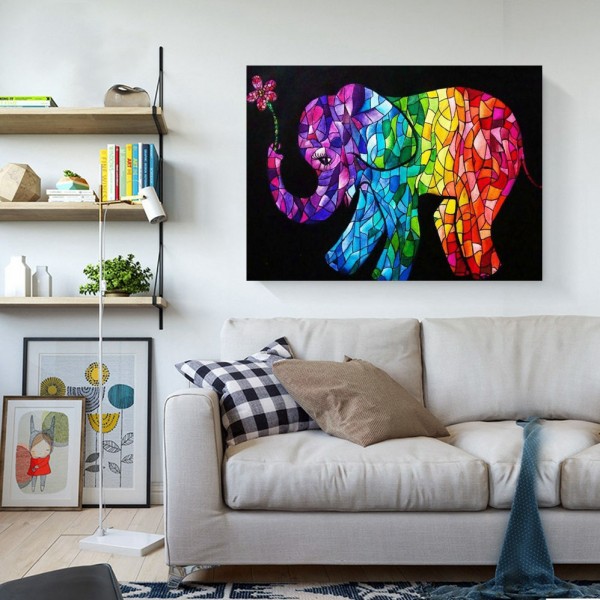 Animal Colorful Elephants And Small Flowers Diamond Art