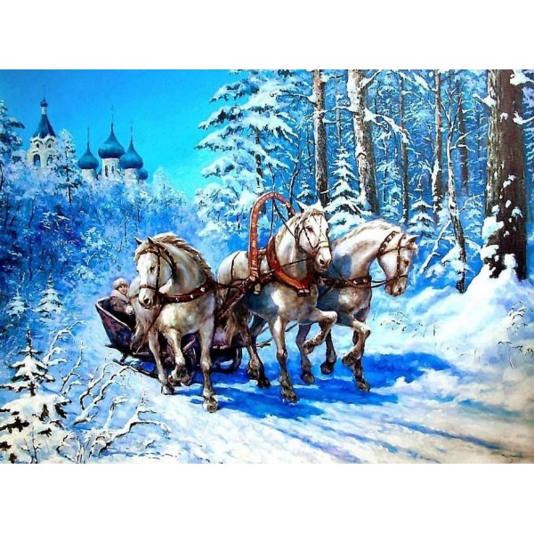 Christmas Beautiful Horses Running On The Snow Landscape Square Diamonds
