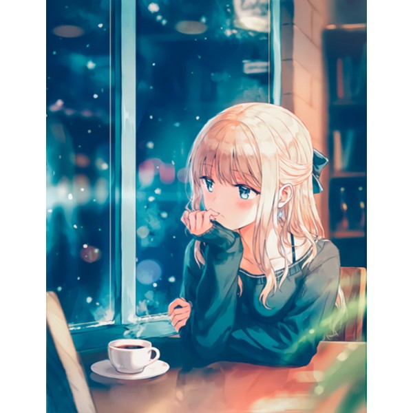 Fantasy Lonely Little Girl In The Coffee Shop Diamond Art