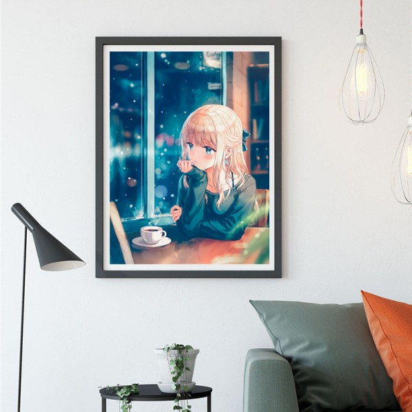 Fantasy Lonely Little Girl In The Coffee Shop Diamond Art