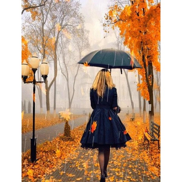 Autumn Girl With Umbrella Walking In The Rain
