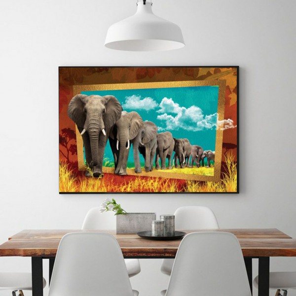 Animal A Group Of Elephants In The Yellow Sand Diamond Art