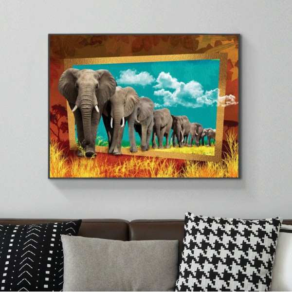 Animal A Group Of Elephants In The Yellow Sand Diamond Art