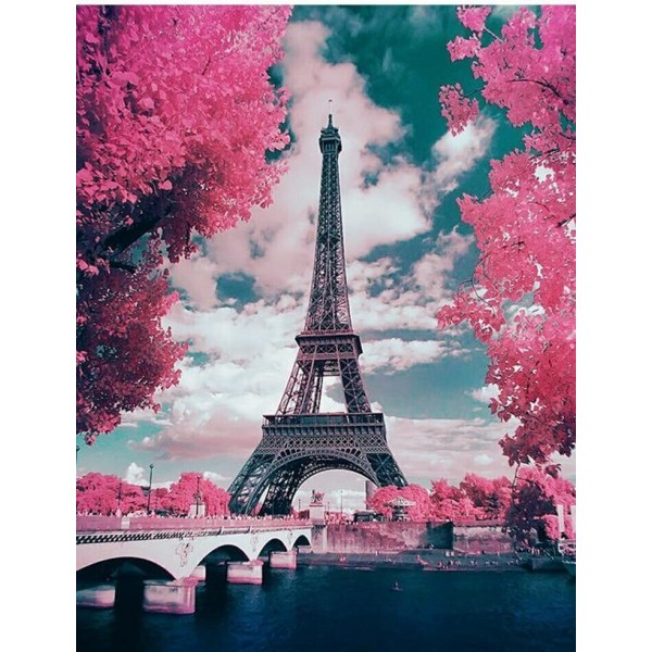 5D Diamond Painting Eiffel Tower Covered In Pink Plants